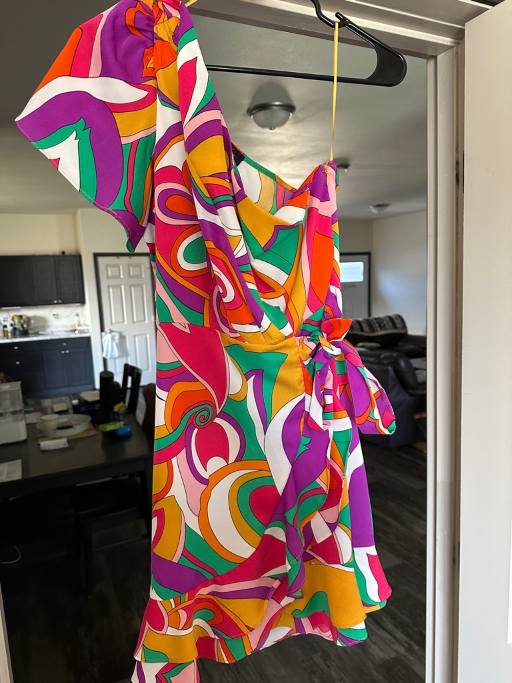 One-Shoulder Multicolor Wrap Dress